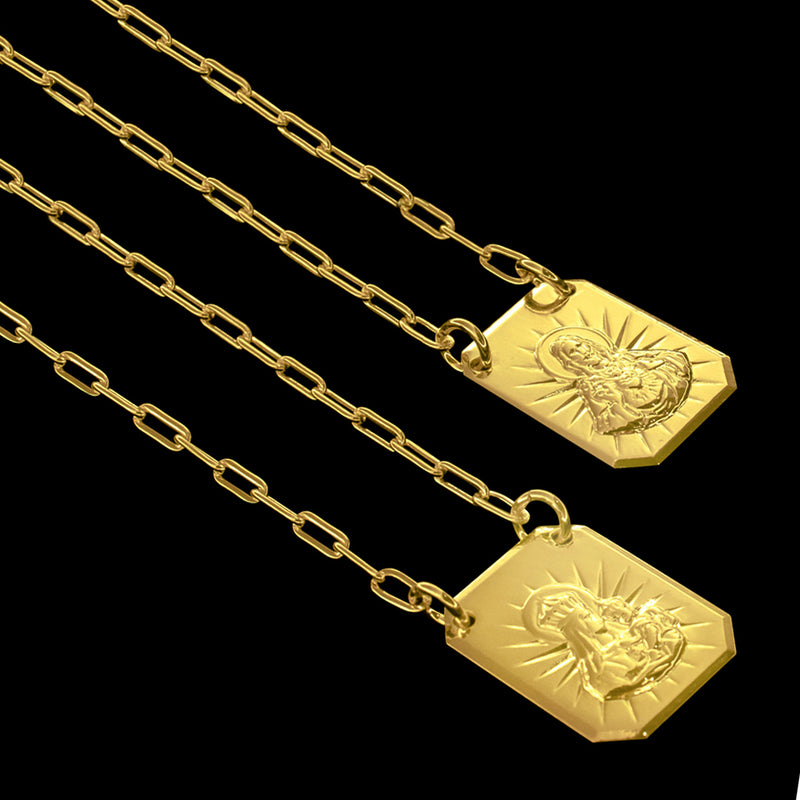 ESCAPULARIO CARTIE DETALHADO JESUS / NOSSA SENHORA - 70cm - MEDALHA 1,5x1,2cm - BANHADO A OURO 18k